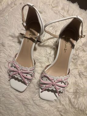Lulu's White Block Heels with Pink Bow Accents